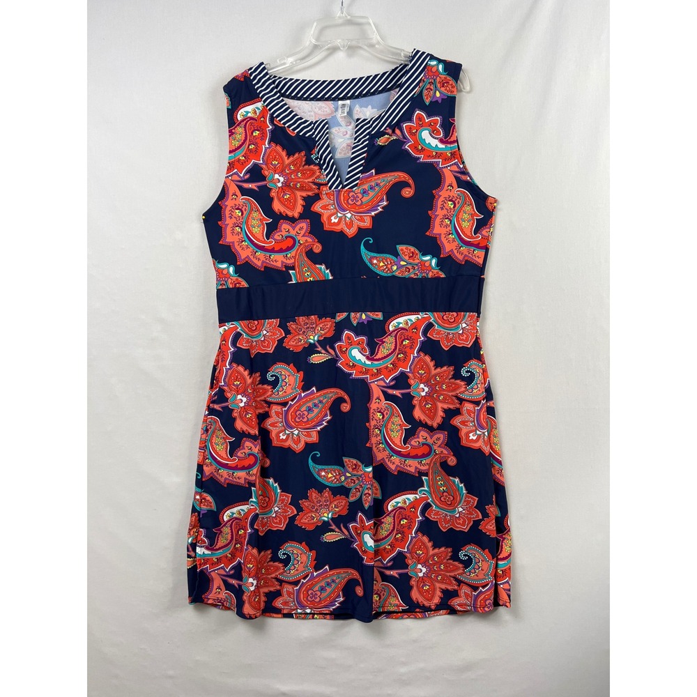 Mazu Swim Dress Womens XL Navy Blue Orange Paisley Striped V-Neck Coverup
